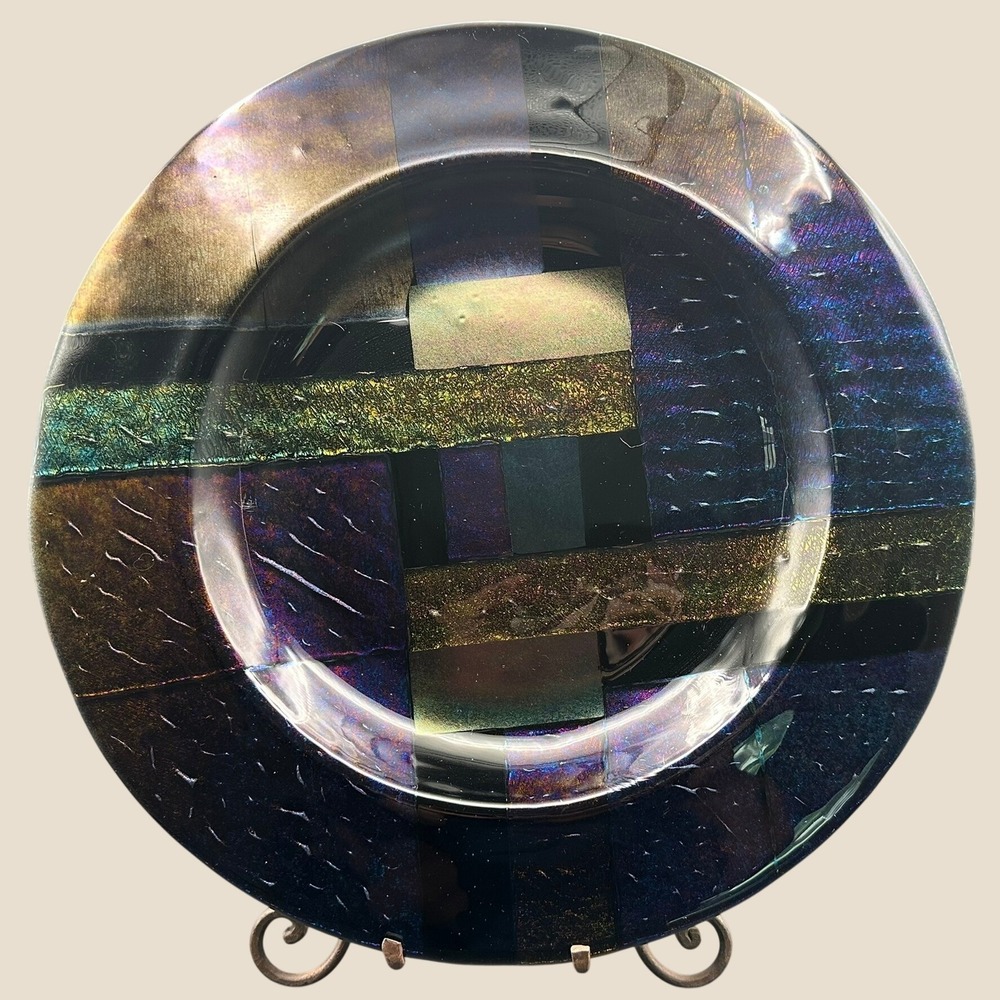 Vintage Paul Hathcoat 1990 Signed 18in Iridescent Art Glass Decorative Plate